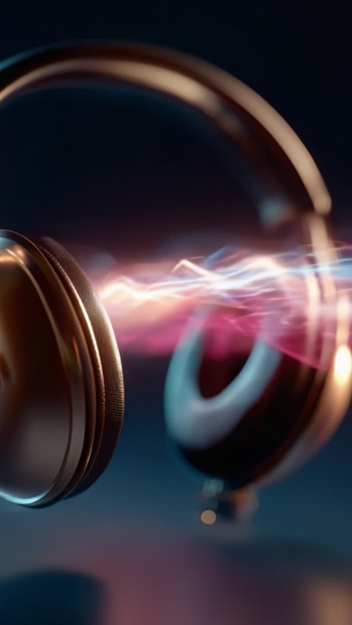 Ondas sonoras dinâmicas emanam de fones de ouvido elegantes, mostrando a fusão de tecnologia e arte, preparando o cenário para uma experiência de áudio imersiva.