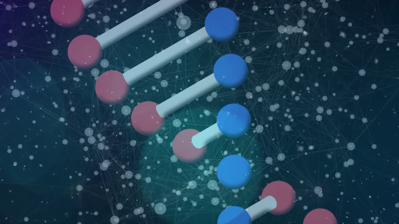 검은 바탕 위에 회전하는 dna 사슬의 애니메이션과  ⁇  점