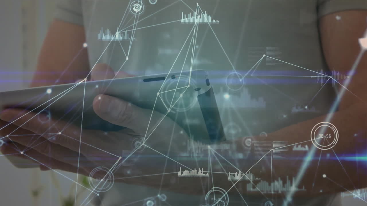 animación de la red de conexiones sobre el hombre caucásico usando la tableta