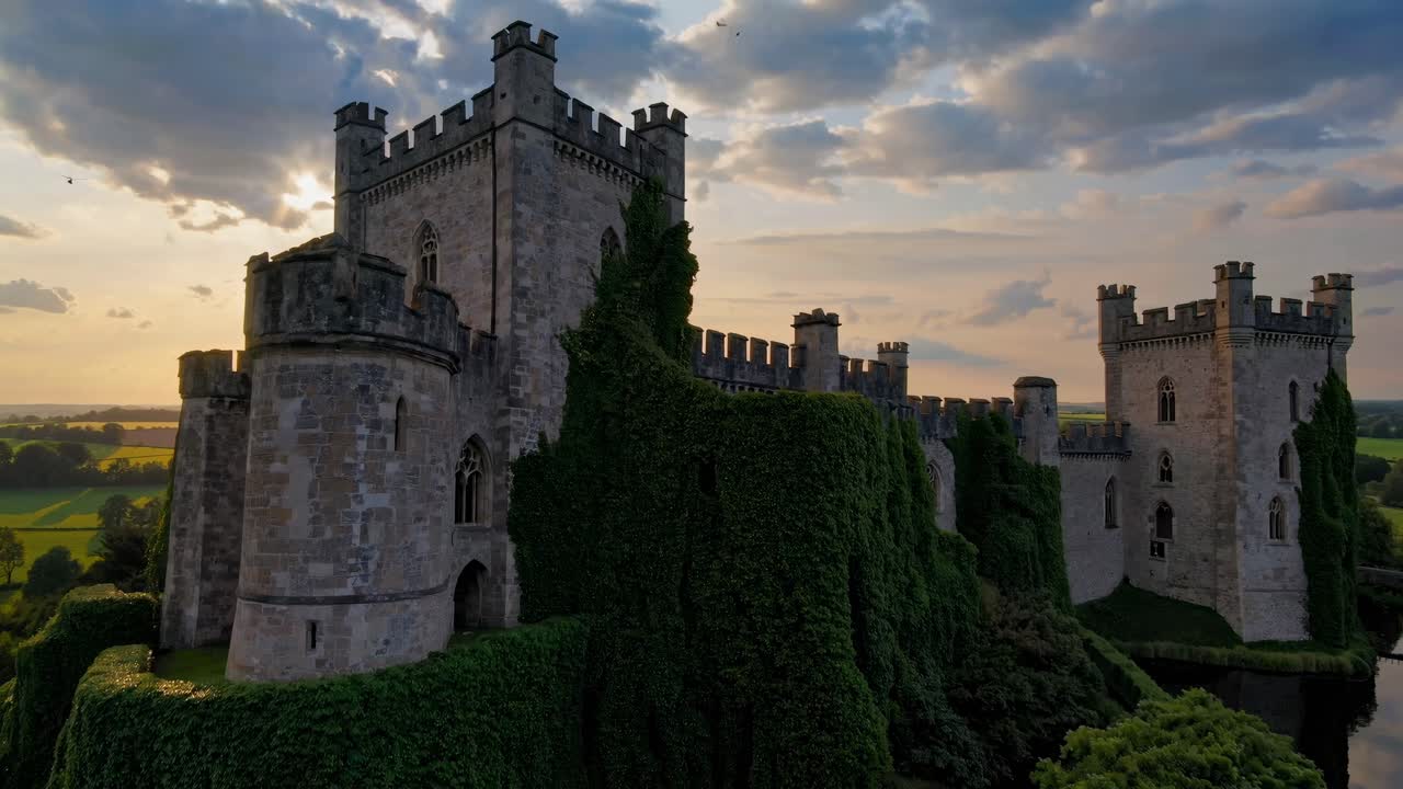 Aerial video captures a medieval castle covered in ivy at sunset