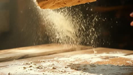 close up of a fresh loaf of bread being dusted with flour