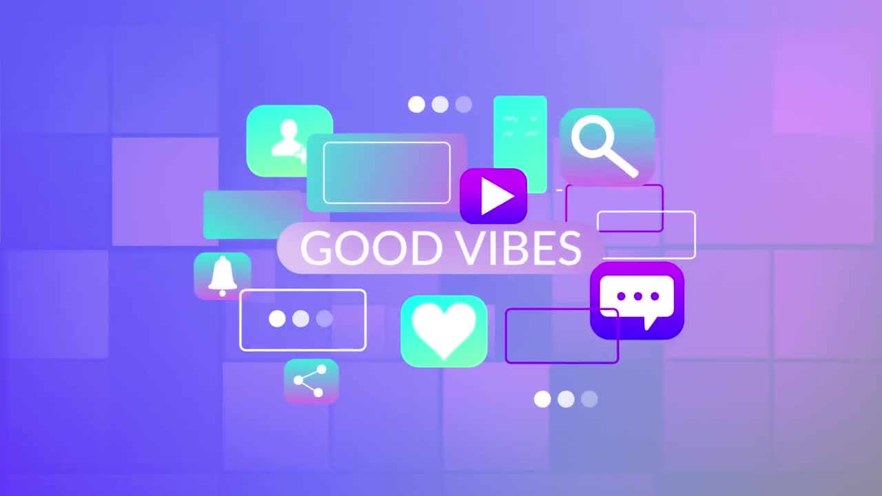 Animation of good vibes text and icons on blue background