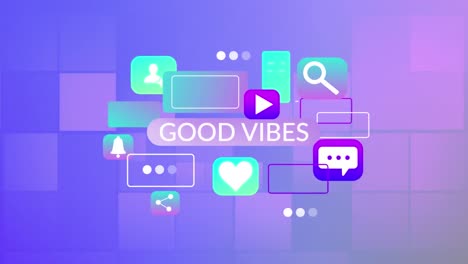 animación de texto y iconos de buenas vibraciones sobre fondo azul