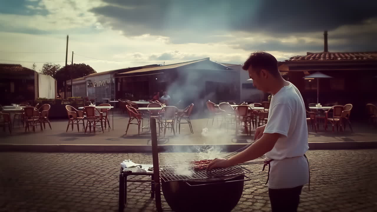 Man Grilling Skewers at an Outdoor Restaurant