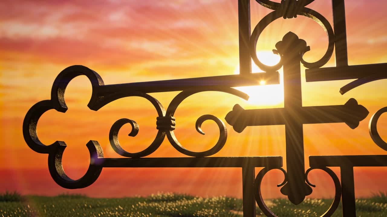 Shifting sun passing behind ornate wrought-iron grille at horizon, creating rim highlights on grass