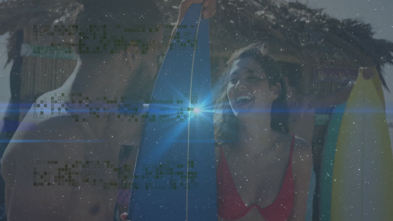 Holding surfboard with digital data overlay, woman in red bikini at beach