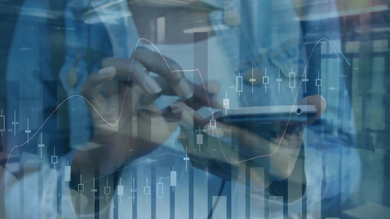animación de estadísticas y procesamiento de datos financieros sobre mujeres que usan teléfonos inteligentes