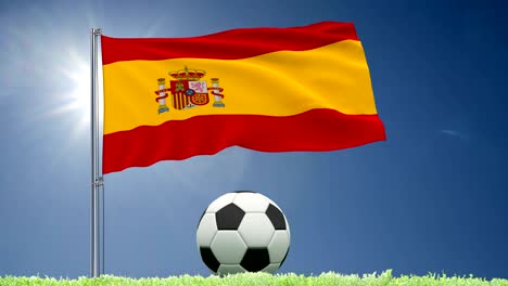 flag of spain fluttering and a football rolls on the lawn, 3d rendering, 4k footage