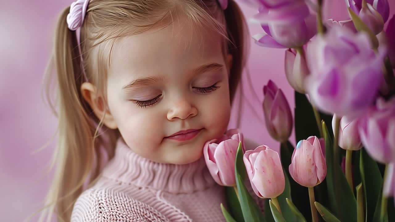 A young girl gently touching pink tulips
