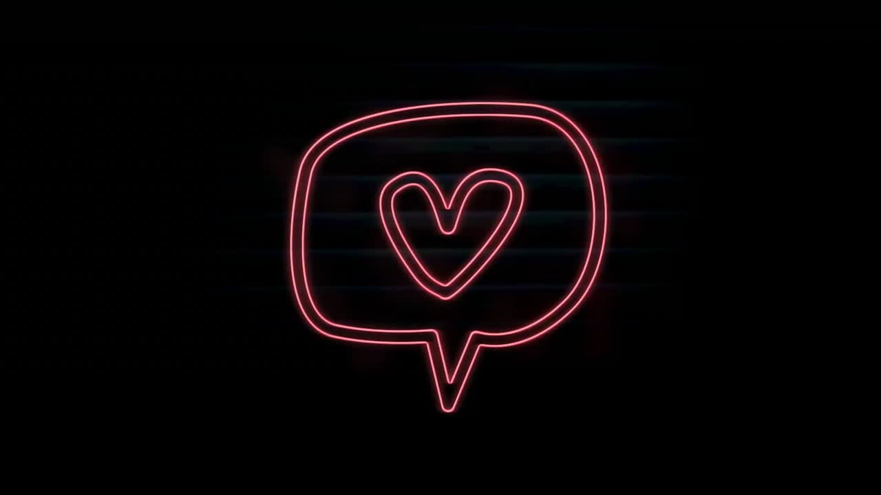 animación de un corazón de neón rosa en una burbuja de habla, sobre un fondo negro