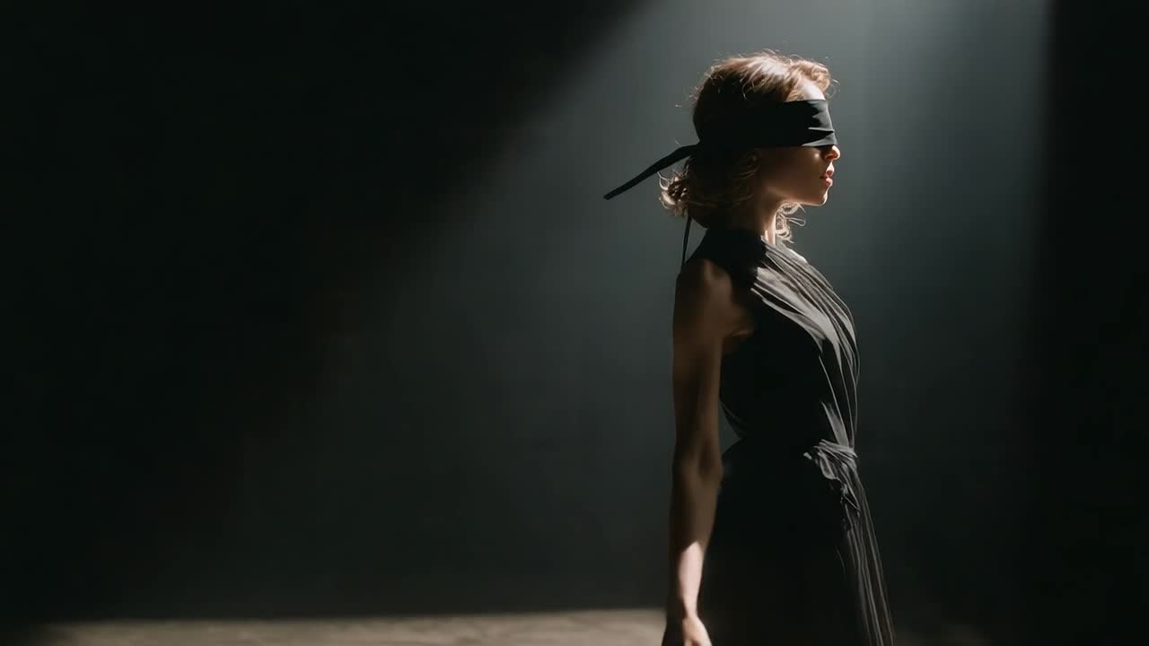 Dancer explores movement while blindfolded in a spotlight