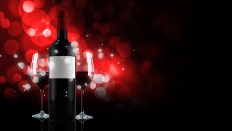 Animation-of-bottle-and-glasses-with-red-wine-over-black-background-with-red-lights