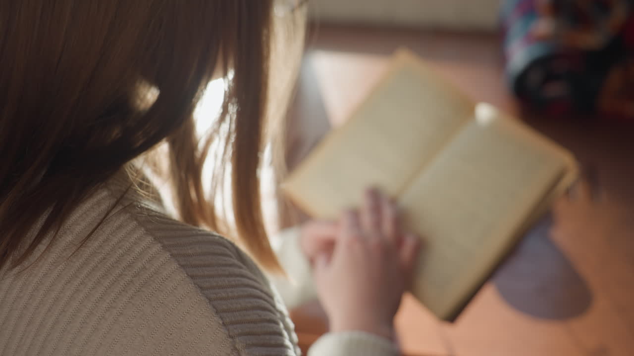 Close up rear view of woman reading book in sunlight as warm light casts soft shadows over her hair and book pages, creating quiet indoor ambiance with peaceful focus on learning and reflection