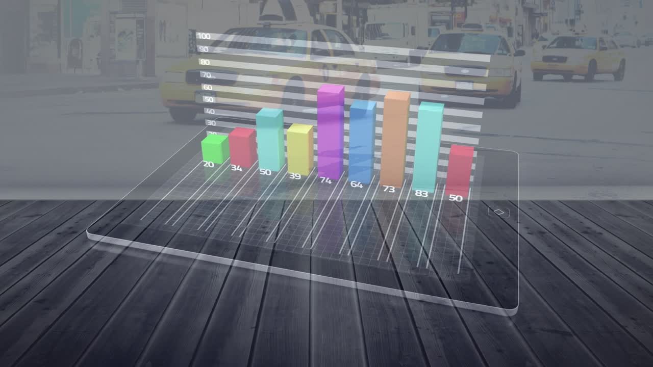 Animation of shapes and financial data processing over tablet and cityscape