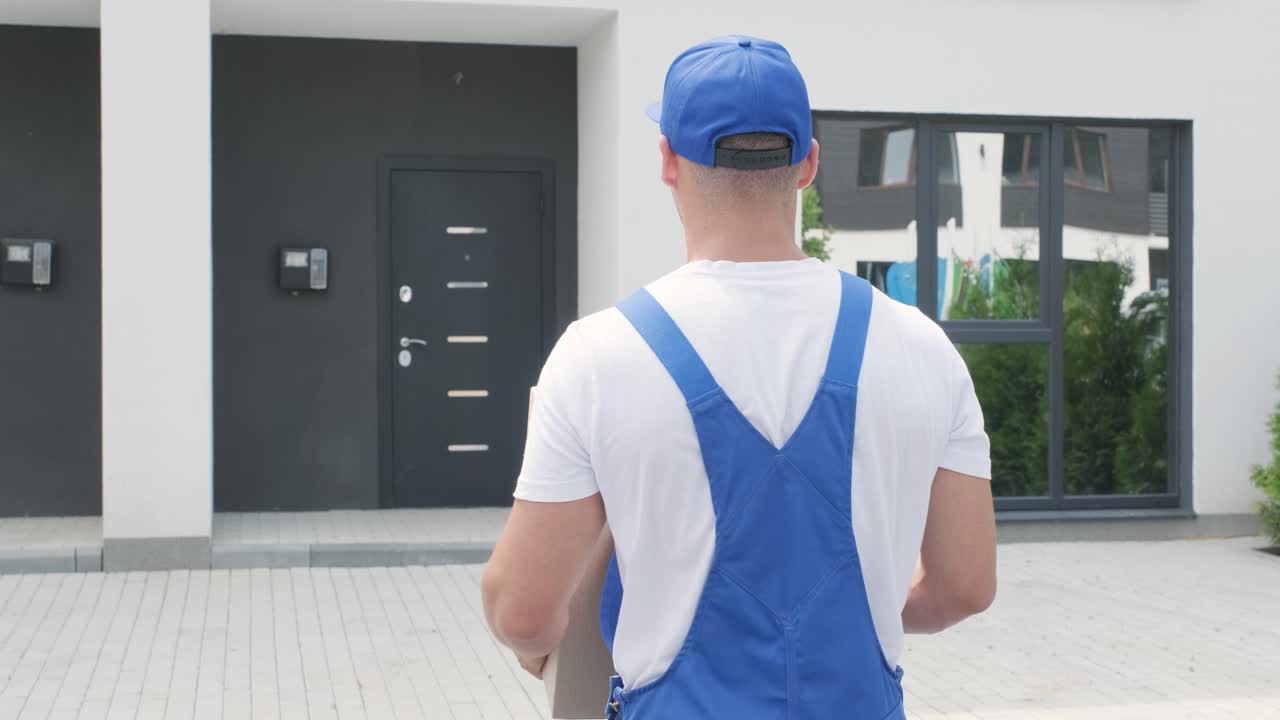 한 젊은 택배업자가 패키지와 태블릿을 들고 거리에서 걸어가서 상자를 고객의 집에 직접 배달합니다.