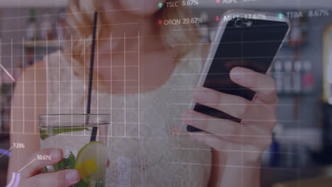 animación de gráficos, tableros de negociación, mujer caucásica con limonada y desplazamiento en el teléfono inteligente
