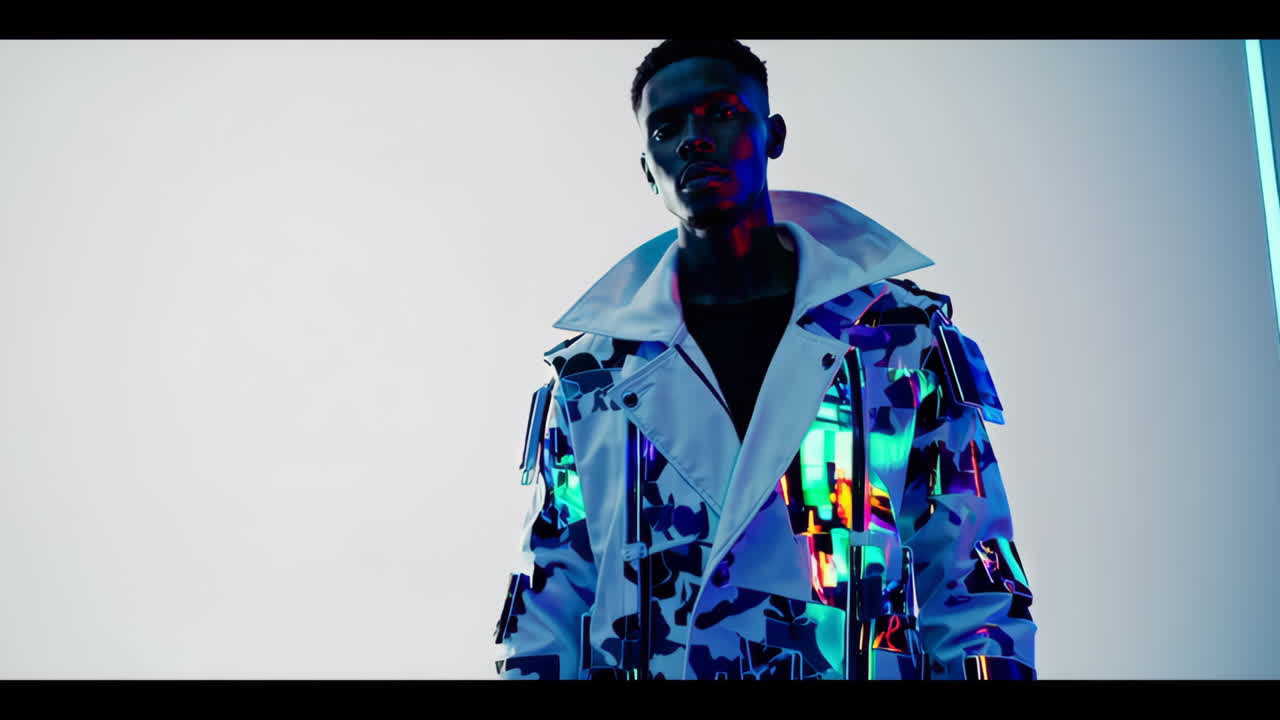 Man in Futuristic Reflective Coat with Neon Lighting