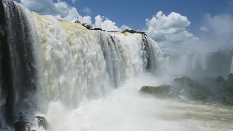 Wide-Panning-View-of-Beautiful-Waterfall-Valley-with-Bright-Beautiful-Skies-in-Iguacu,-Brazil,-Colourful-Landscape-in-Beautiful-Rainforest-Falling-Water-Streams-in-Iguazu,-South-America