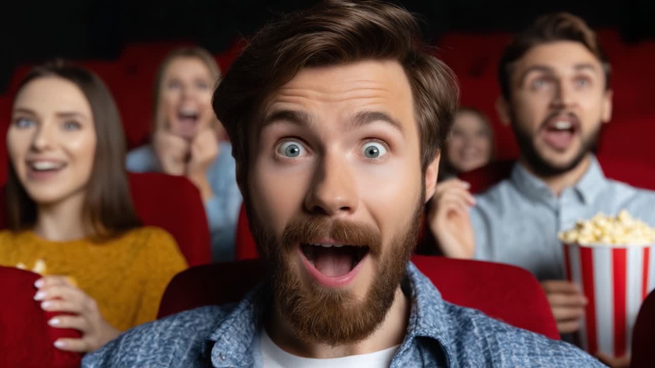 Emotional Rollercoaster: A Group Experience Inside a Cinema Where Joy Turns to Surprise, Capturing the Essence of Movie Watching with Two Contrasting Expressions