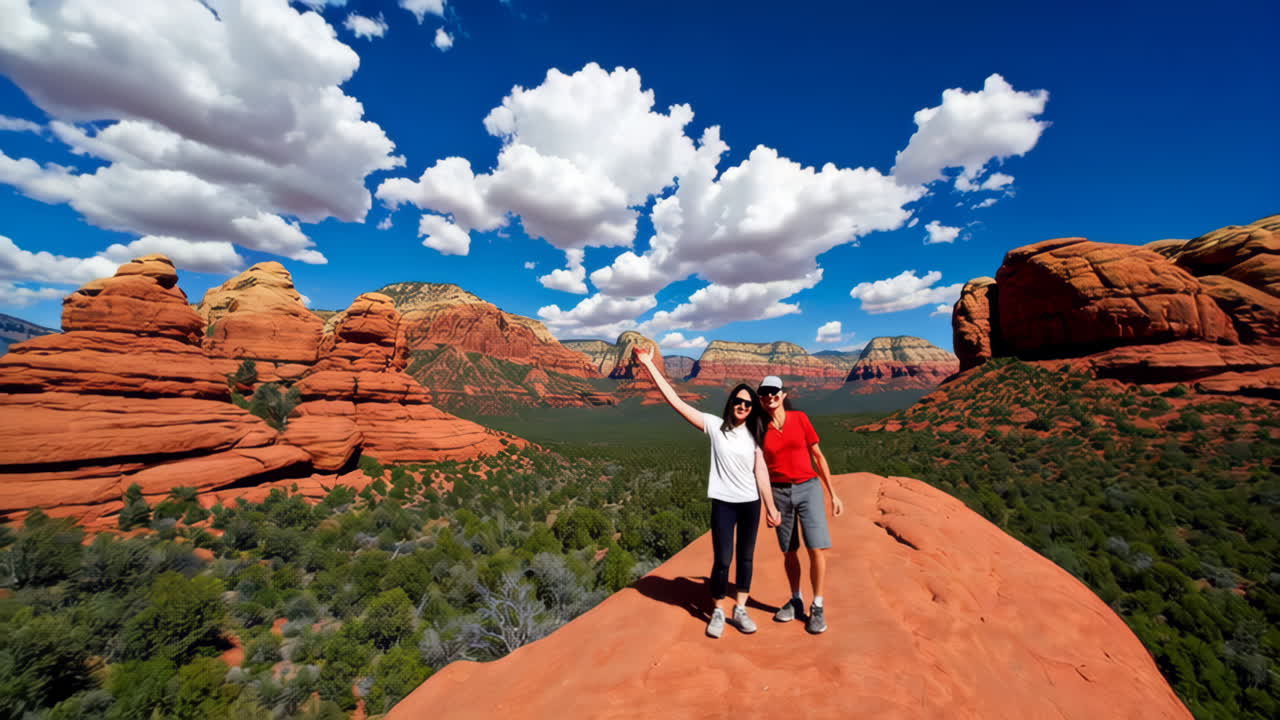 Person celebrating under a natural rock arch in a desert landscape
