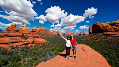 person celebrating under a natural rock arch in a desert landscape