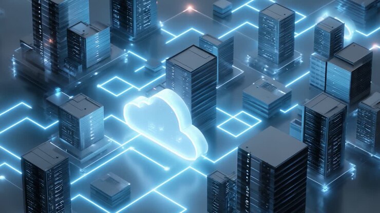 Futuristic Urban Landscape: A Cloud Computing Concept Showcasing a Digital Skyline with Connected Data and Innovative Technology Representing the Future of Smart Cities