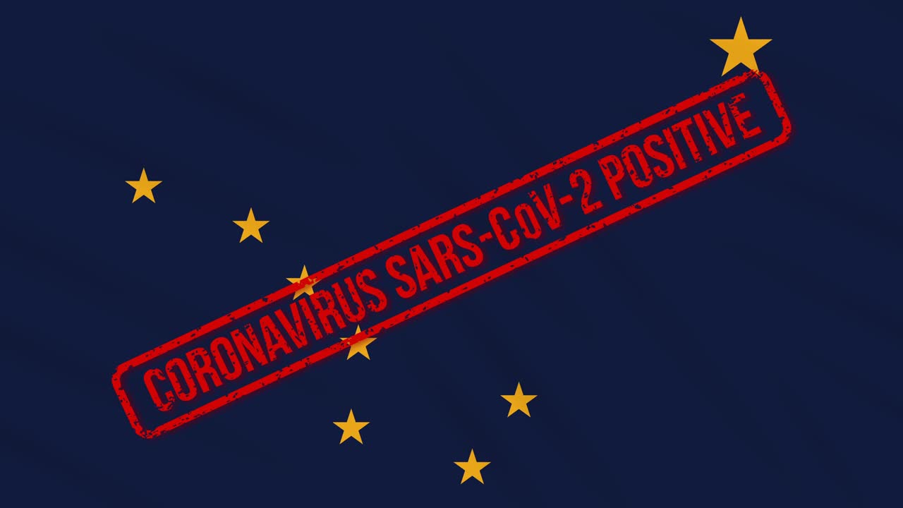 Alaska US state swaying flag stamped with positive response to COVID-19, loop