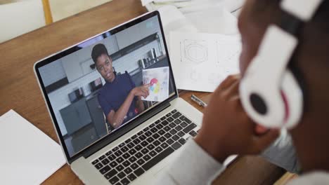 African-american-businessman-sitting-at-desk-using-laptop-having-video-call-with-female-colleague