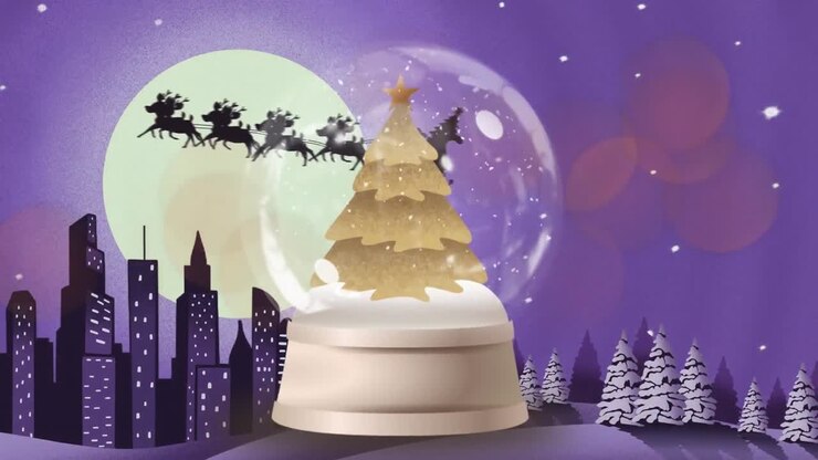 Golden shooting star around christmas tree in a snow globe against winter landscape and cityscape