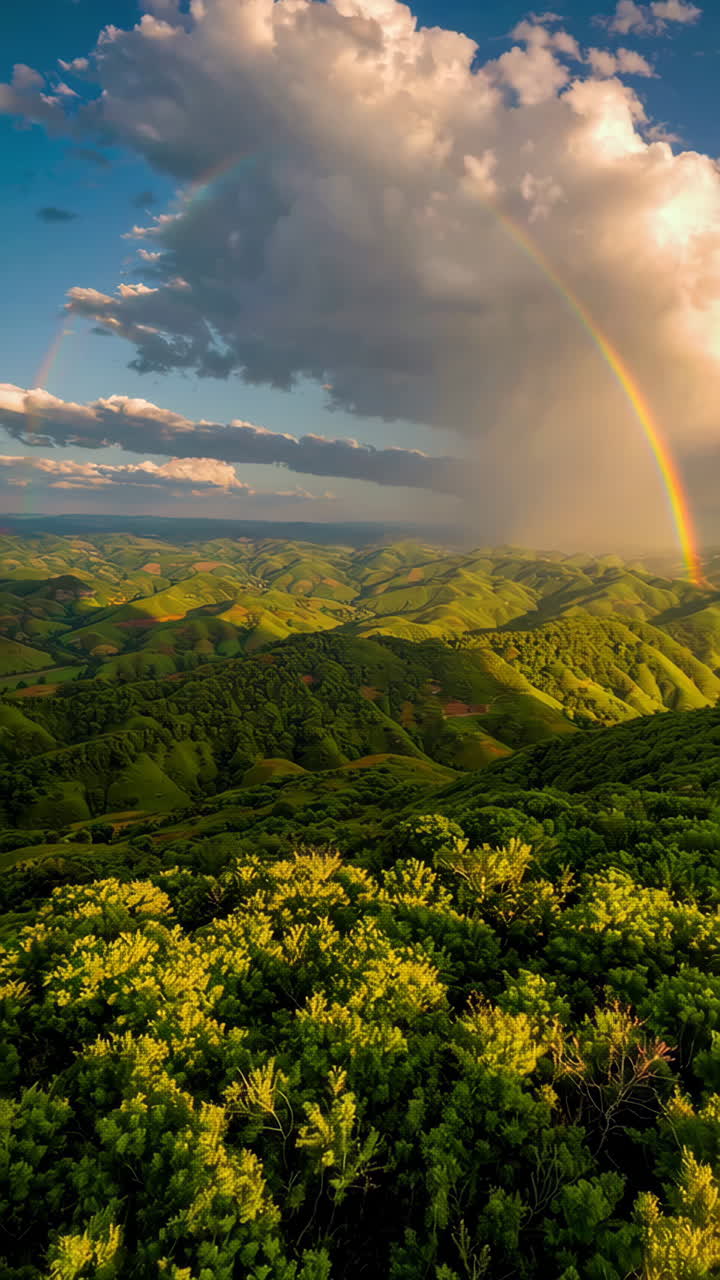 Rainbow over a valley landscape