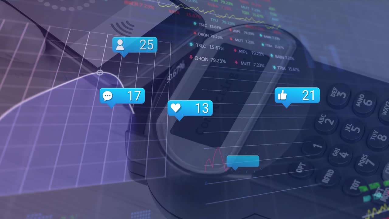 소셜 미디어 아이콘의 애니메이션과 주식 시장 데이터 처리가 전화로 지불하는 데 반대됩니다.