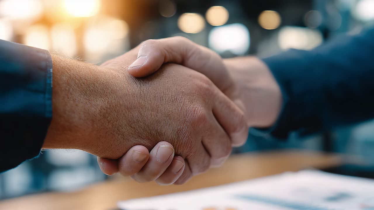 A Firm Handshake Signifying Trust and Partnership in a Professional Setting, Concisely Representing Collaboration and Mutual Respect Between Two Individuals