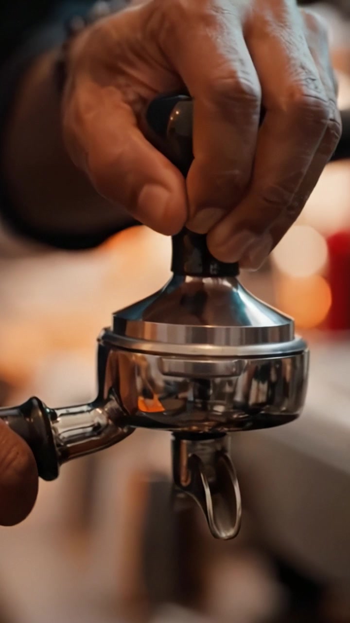 Barista esperto che prepara un espresso fresco con caffè macinato nel portafiltro, mostrando la tecnica e l'attrezzatura per la preparazione del caffè in un accogliente ambiente da caffè.