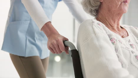 nurse, senior woman and push wheelchair