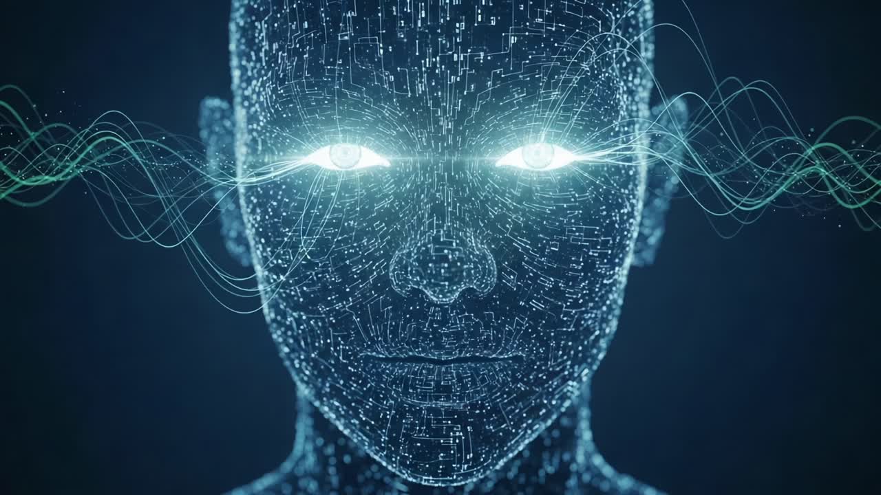 Exploring the Intersection of Digital Consciousness and Neural Networks: A Futuristic Representation of a Synthetic Intelligence with Glow and Data Waves