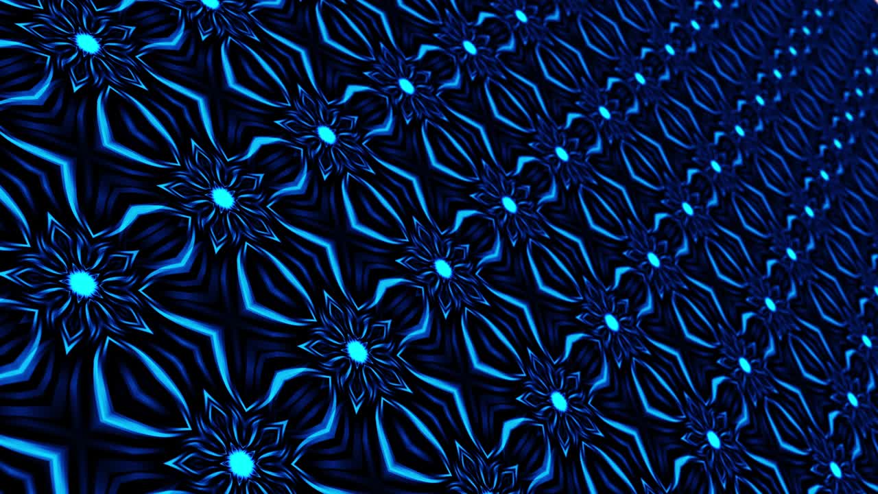 4k 3d bucle sin costuras patrón de forma geométrica de color azul kaleidoscopio mandala fondo abstracto. patrón de mosaico sin fin bucle de fondo digital en movimiento. animación ornamental fractal caleidoscopio.