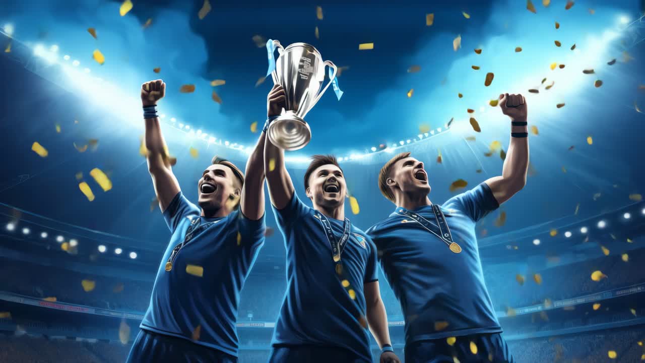 Dynamic low-angle shot of jubilant soccer players holding a trophy in a stadium, capturing victory