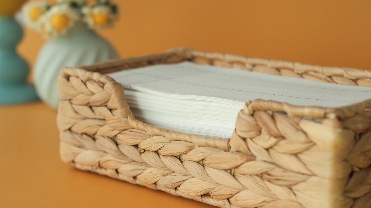 primer plano de una canasta tejida con una pila de papel higiénico en el interior