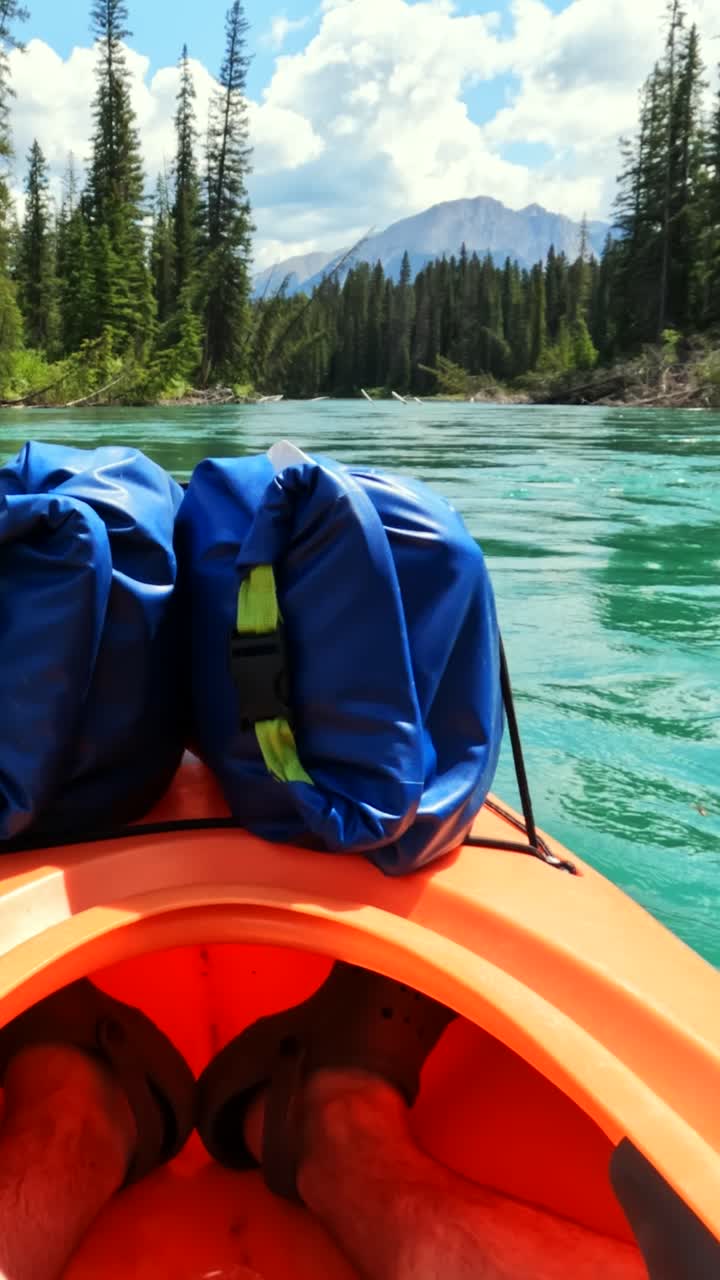 Vertical POV panning shot captures a kayaker paddling gently downstream on the Bow River. Surrounded by serene emerald waters and dense forest, of the Canadian wilderness.