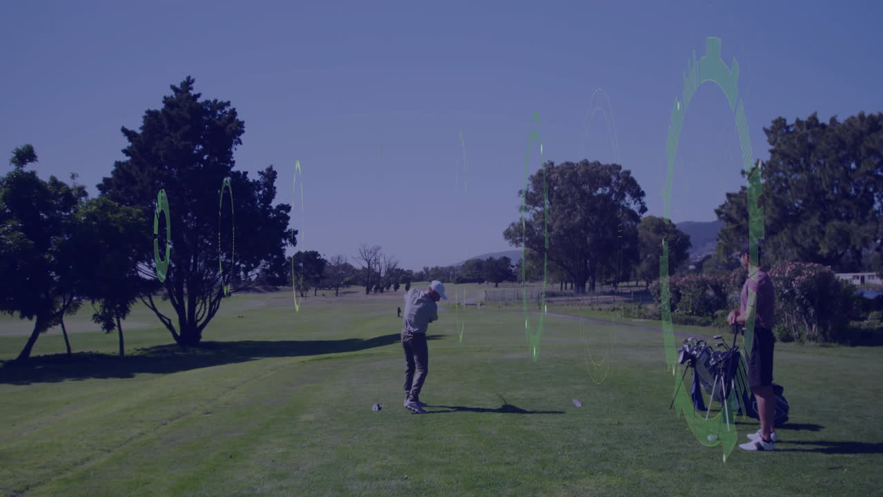 two golfers swinging club on fairway, displaying animated technology trajectory arc and speed chart