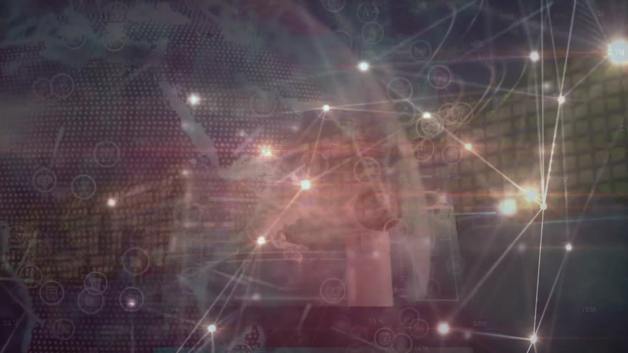 animación de la red de conexiones y procesamiento de datos sobre fondo negro