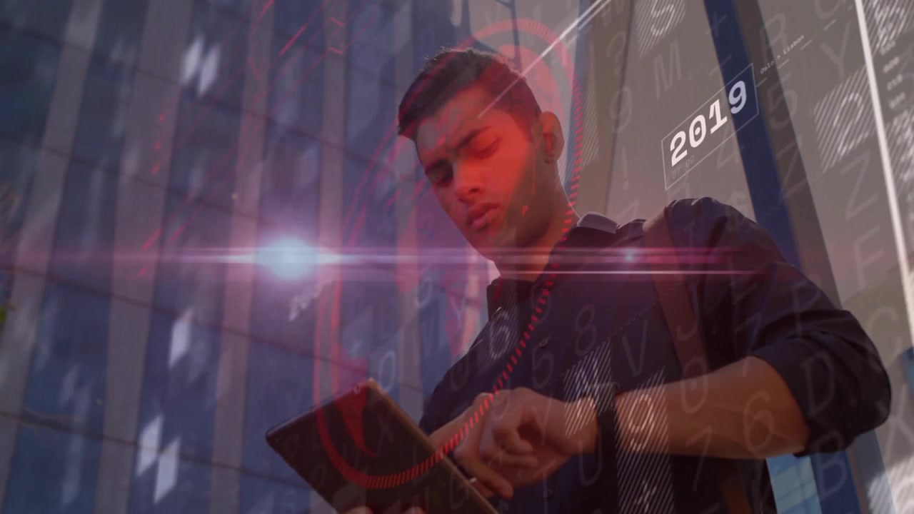 Man tapping tablet outside office building, scrolling red timeline overlay for business review