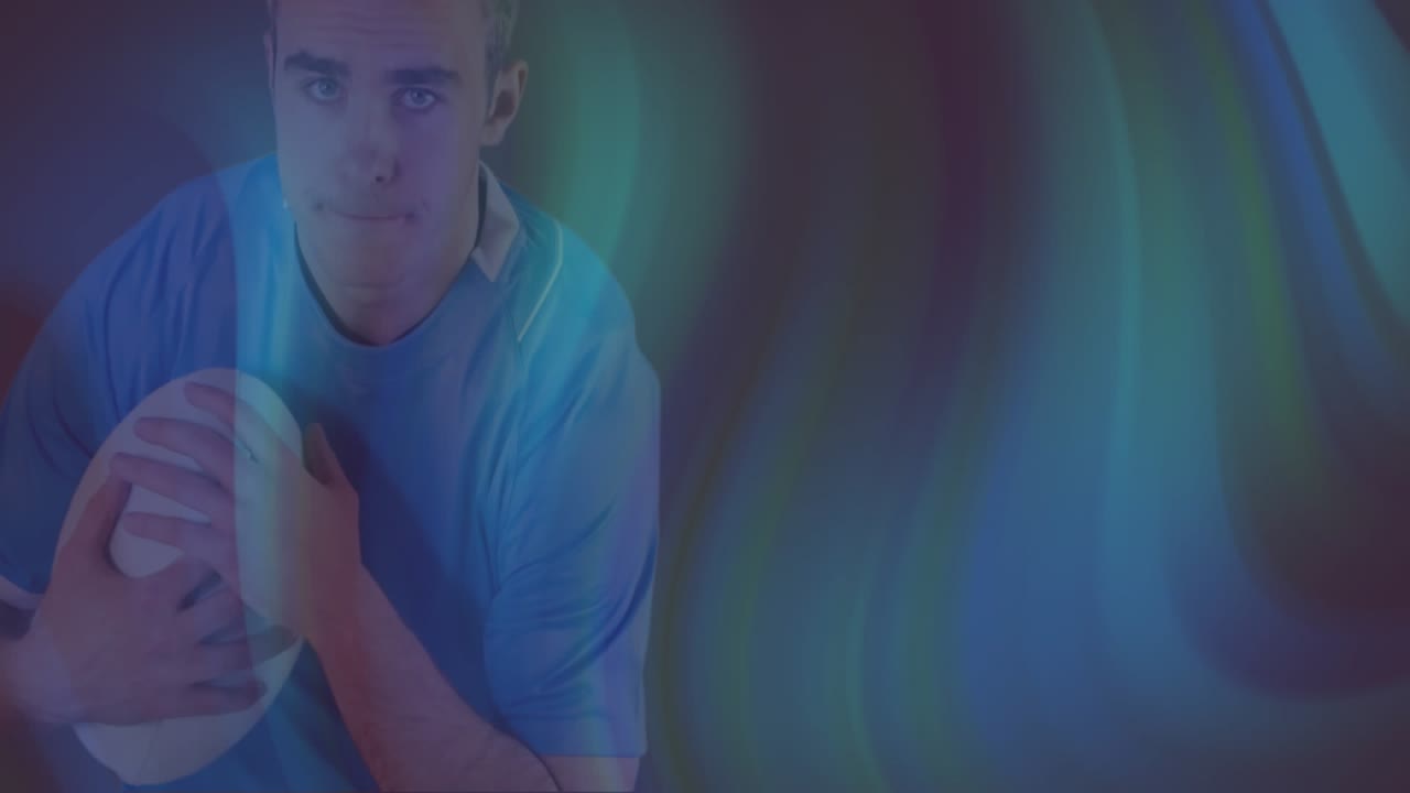 Animation of blue and green digital waves over caucasian male rugby player against grey background