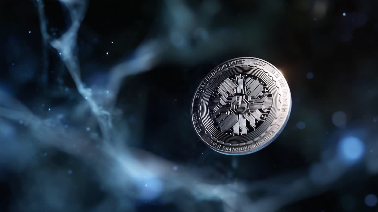 Uma representação visual impressionante de um token digital evoluindo por meio de uma simulação cósmica, destacando a fusão de tecnologia e design futurista na arte visual
