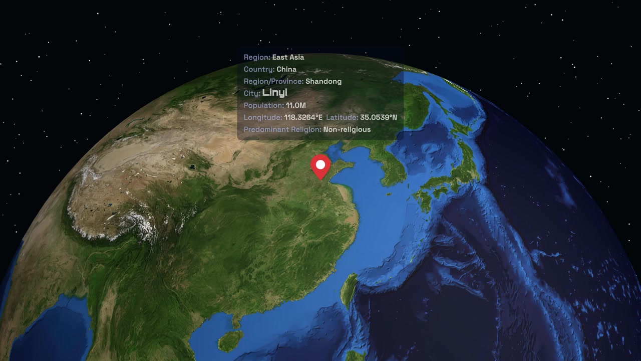 Rotating globe zooms from space into East Asia, pinpointing Linyi city with data overlay