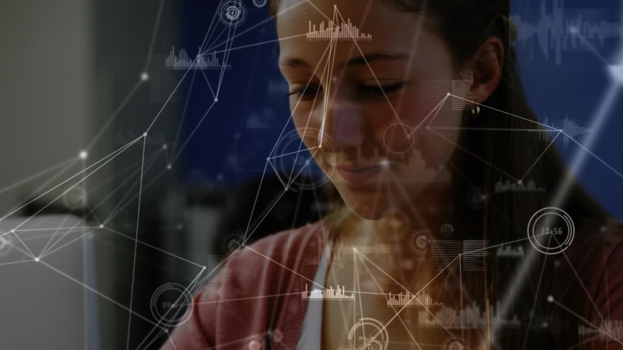 Animation of network of connections over caucasian schoolgirl using laptop