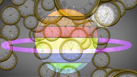 animation of multicoloured planet saturn, solar system and space over clocks ticking