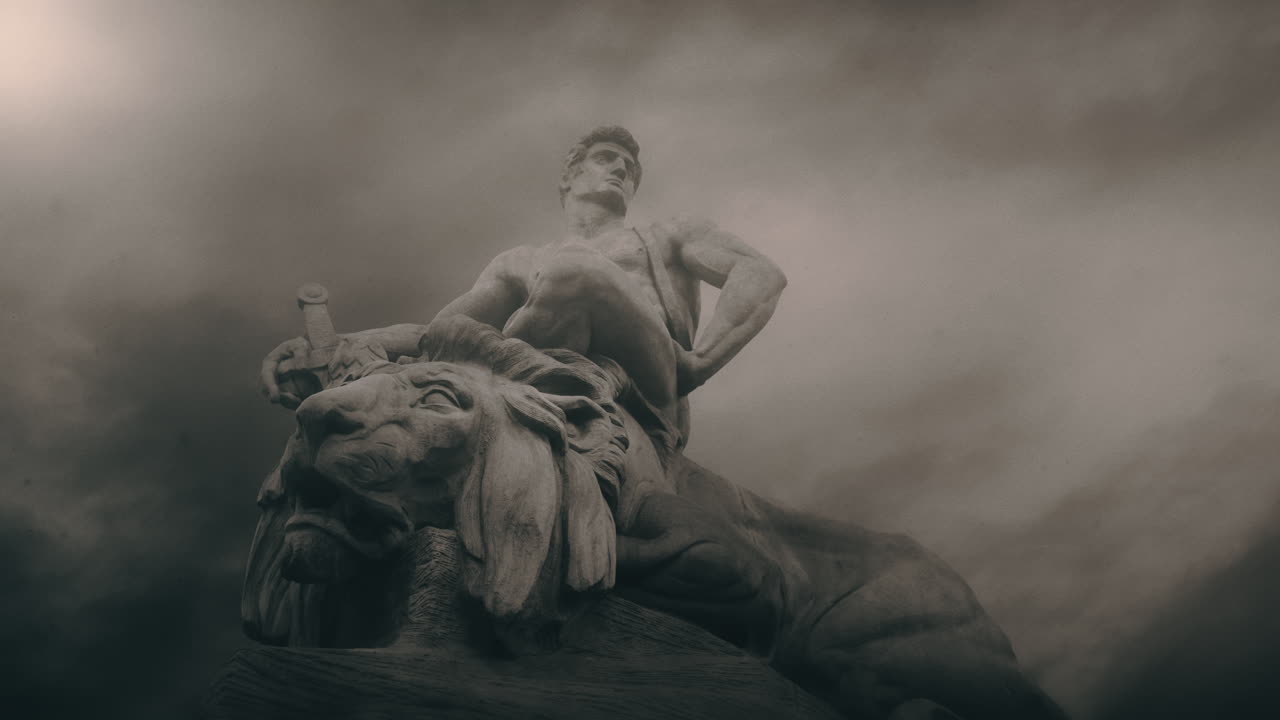 Epic, ancient stone statue on cloudy day and windy weather.