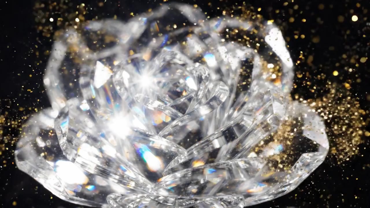 Una Splendida Rosa di Cristallo Catturata in Due Cornici, Che Mostra le Sue Sfaccettature Intricate e il Suo Brillante Scintillio su uno Sfondo Scuro con Particelle Luccicanti
