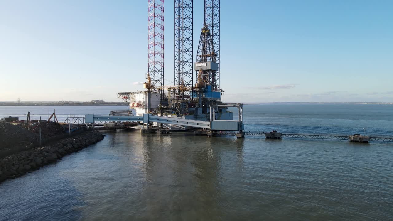Oil rig moored at Sheerness low drone footage 4K
